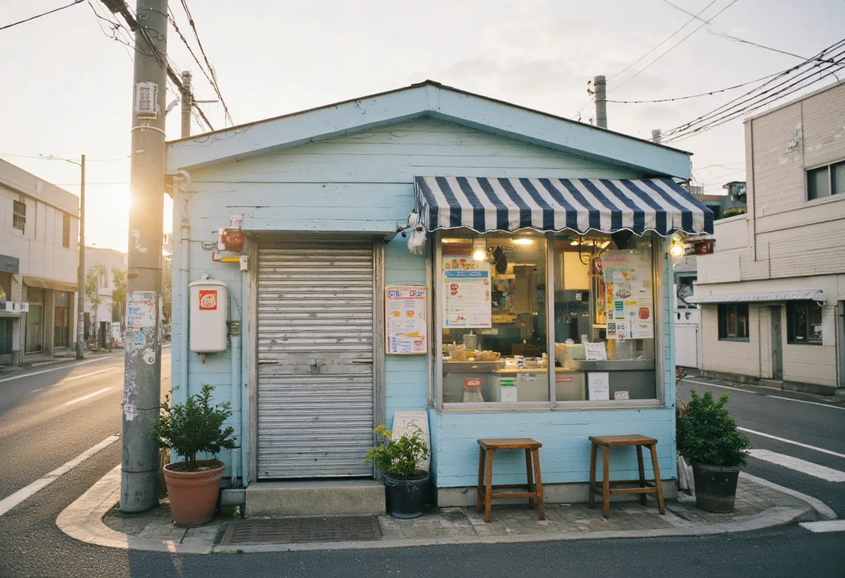 夕暮れの光に照らされた、水色の一軒家のスタンドの店先